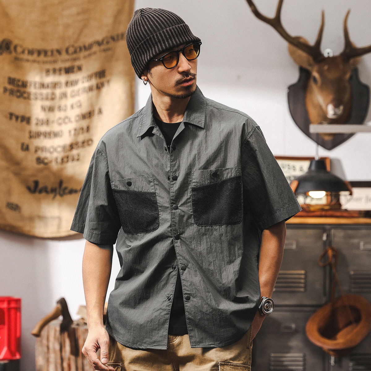 戶外輕量化古巴領襯衫男短袖夏季美式復古山系工裝風休閒男士襯衣