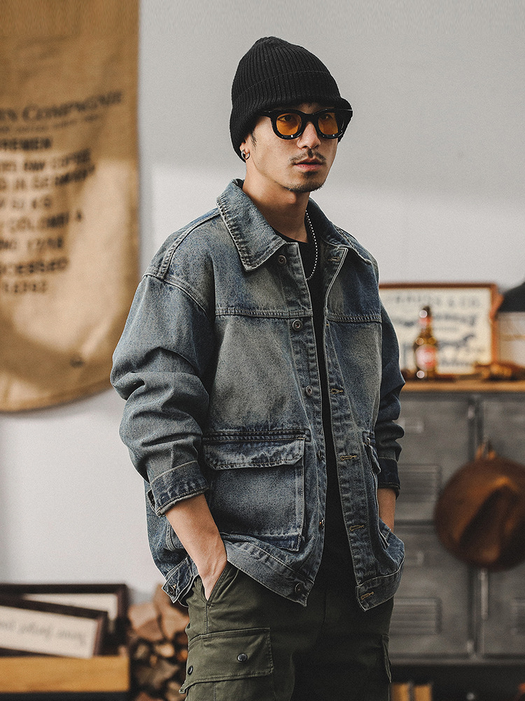美式經典工裝夾克男春季2024新款硬漢痞帥磨白水洗復古牛仔外套男