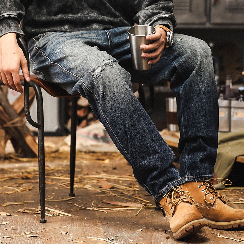 美式復古潮牌褲子男秋季2024新款破洞牛仔褲男款直筒寬鬆休閒褲男