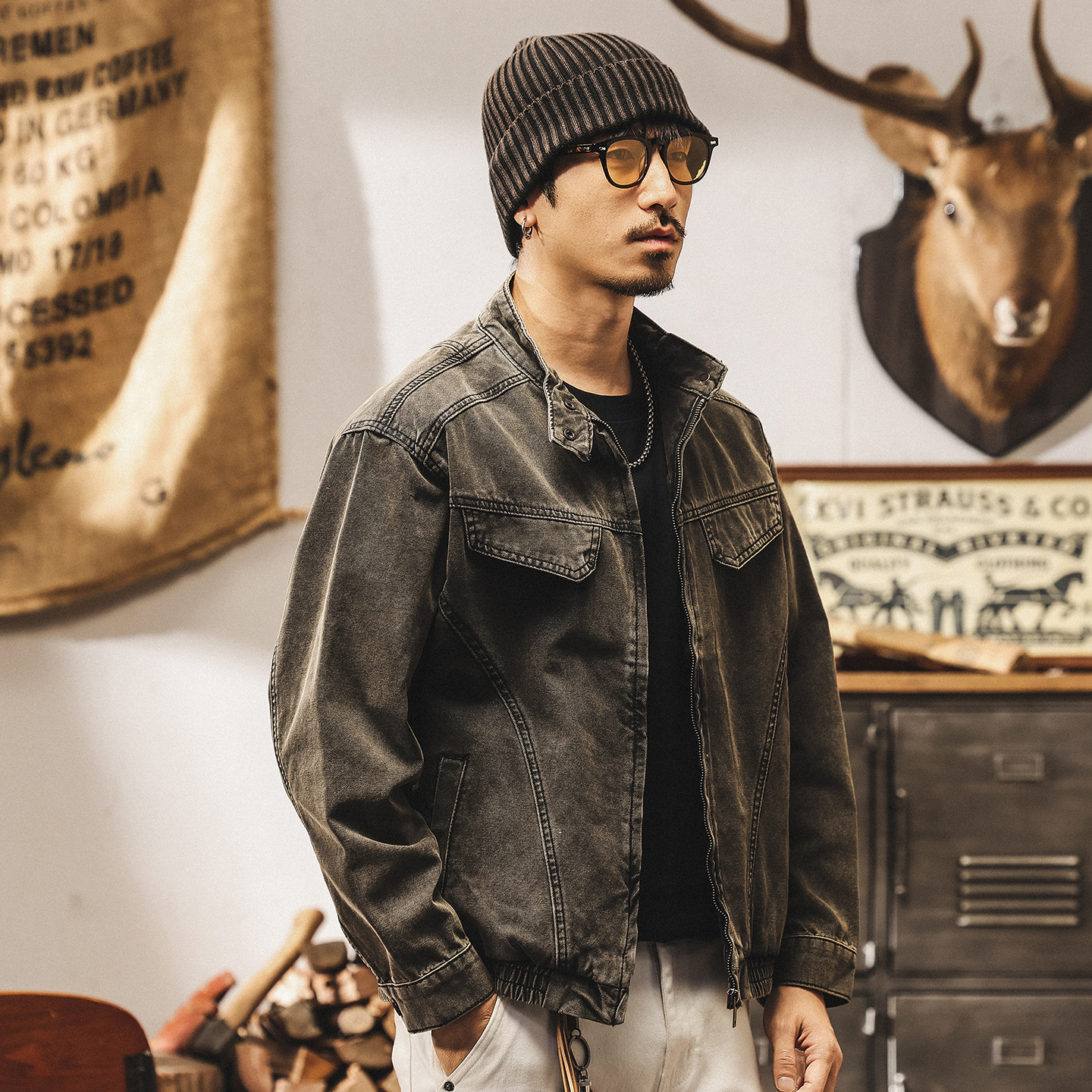 美式復古廢土風牛仔夾克男秋季潮牌痞帥寬鬆重水洗工裝外套男春秋