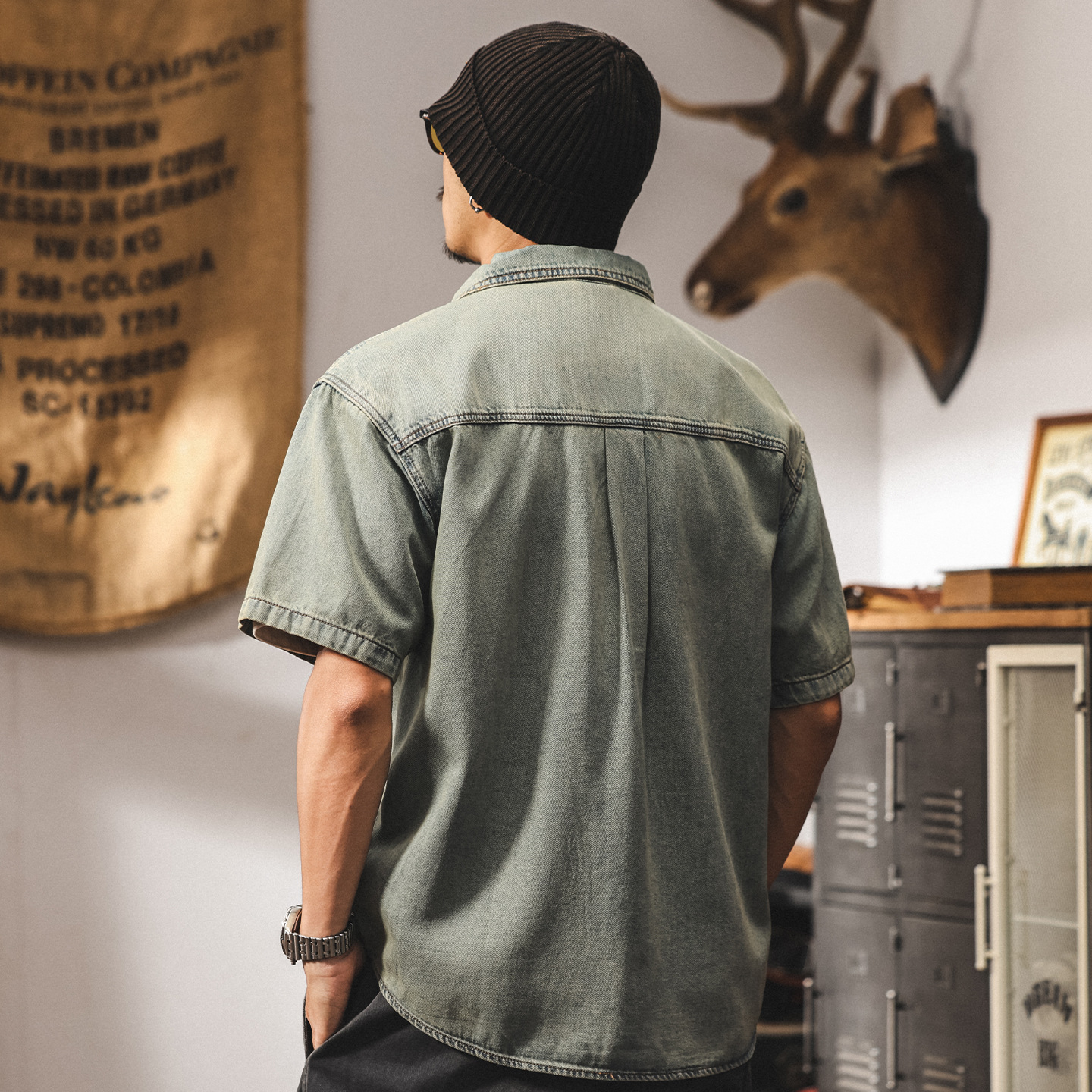 萊賽爾天絲黃泥藍復古牛仔襯衫男夏季新款寬鬆短袖襯衣男薄款外套