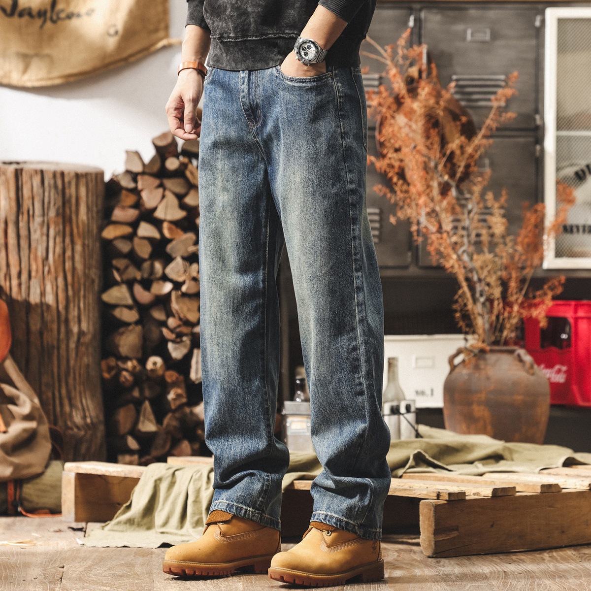 美式復古水洗加絨牛仔褲男冬季加厚男士褲子直筒潮牌寬鬆休閒褲男