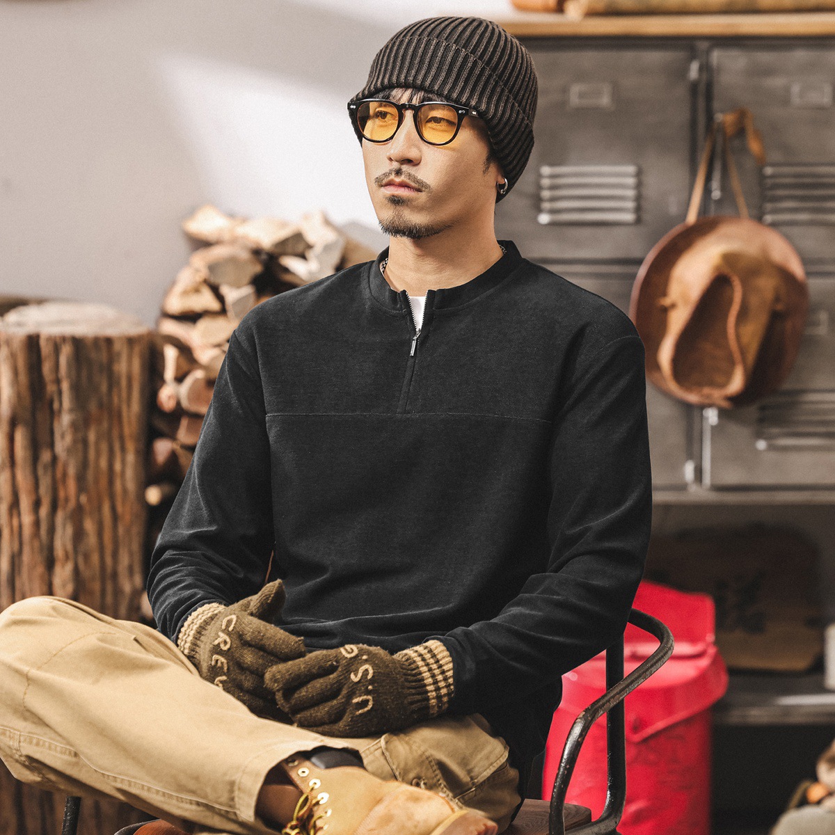 美式復古半拉鍊男士polo衫長袖男秋季320g重磅T恤男寬鬆休閒上衣