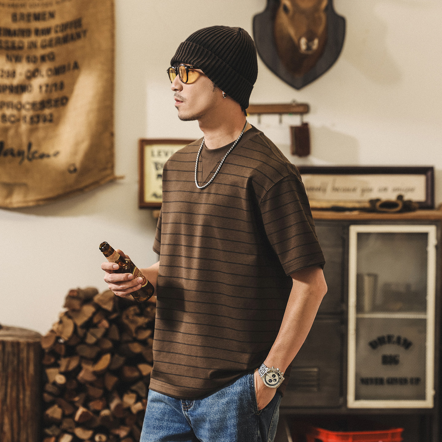 美式復古蘇陵棉短袖T恤男士夏季新款老錢風320g重磅條紋寬鬆上衣