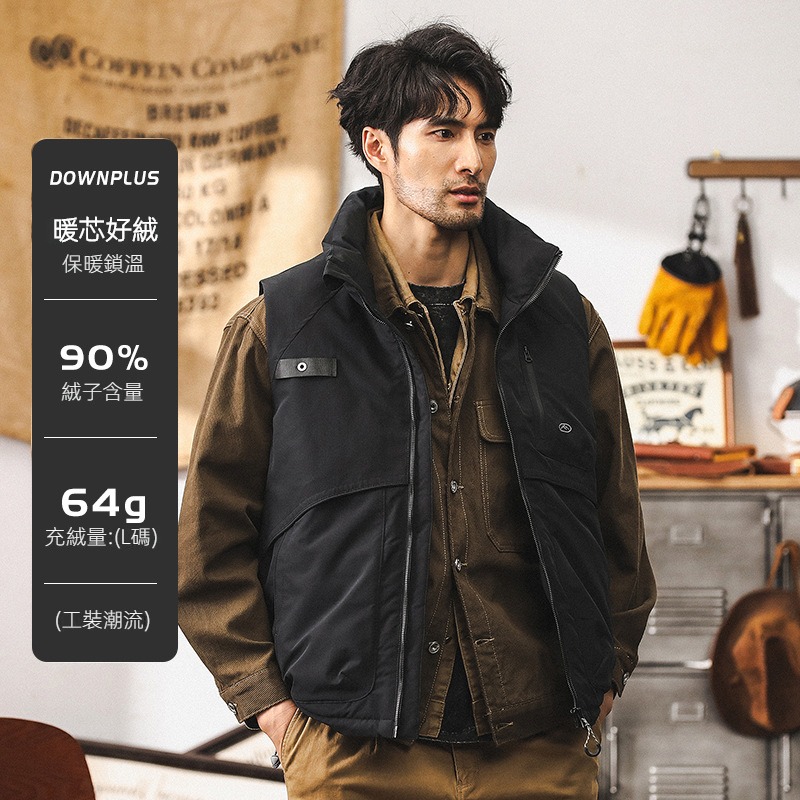 90白鴨絨美式復古羽絨馬甲男冬季寬鬆潮牌工裝羽絨服男款冬季外套