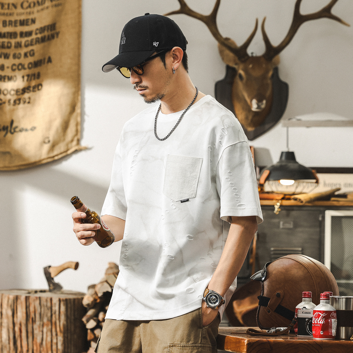 雲染水痕紋理短袖T恤男夏季潮牌破洞寬鬆高級感美式復古男士上衣