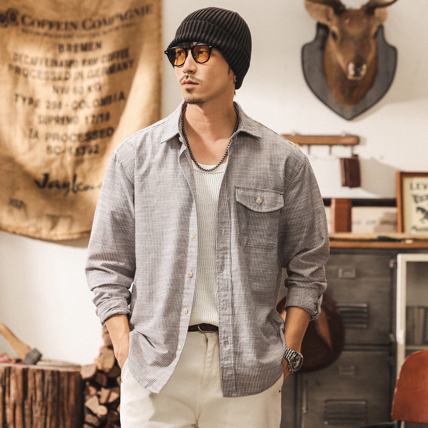 美式復古亞麻條紋長袖襯衫男春季2026新款通勤竹節紋休閒襯衣外套