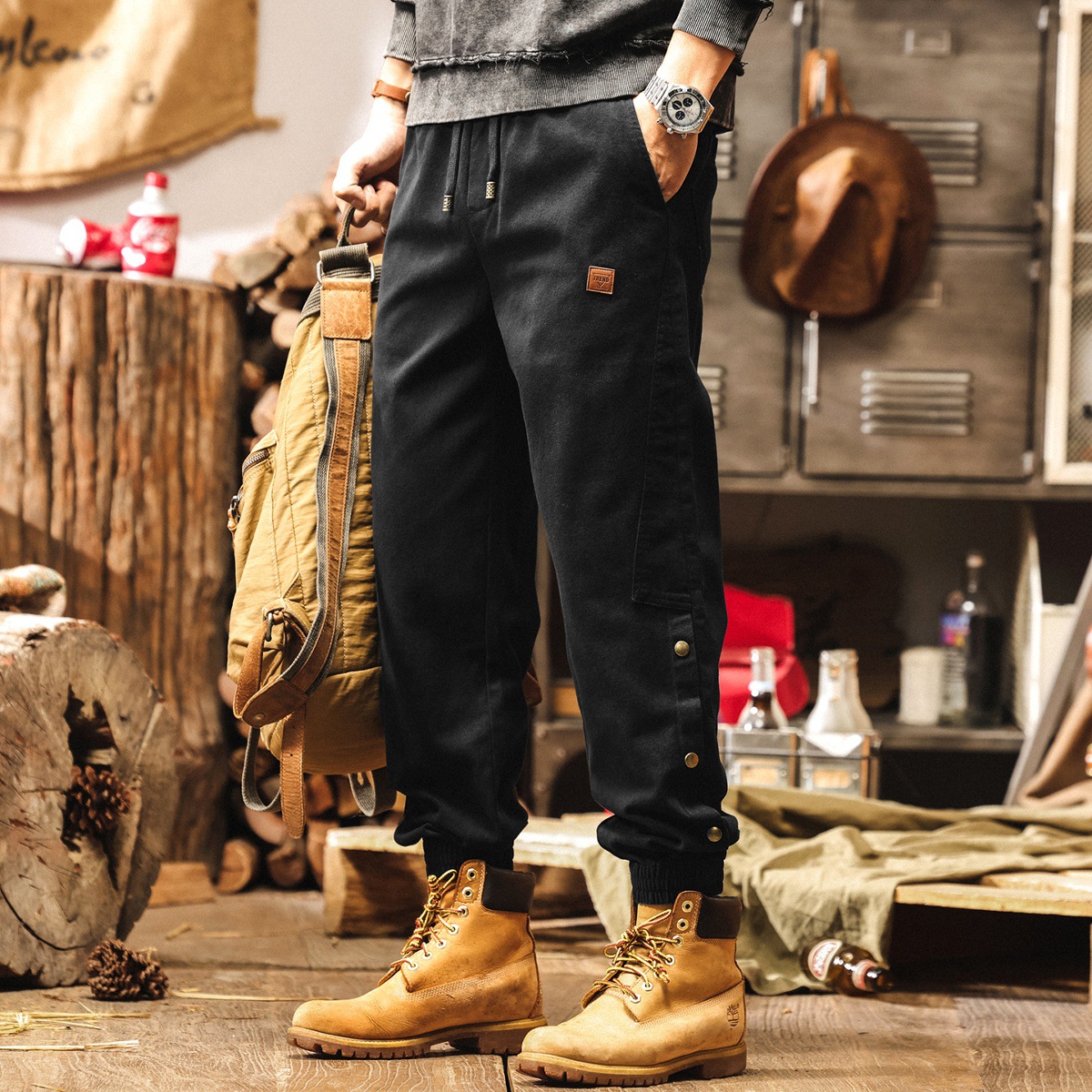 美式重磅雪花絨褲子男春秋復古潮牌工裝休閒褲男寬鬆直筒秋季長褲