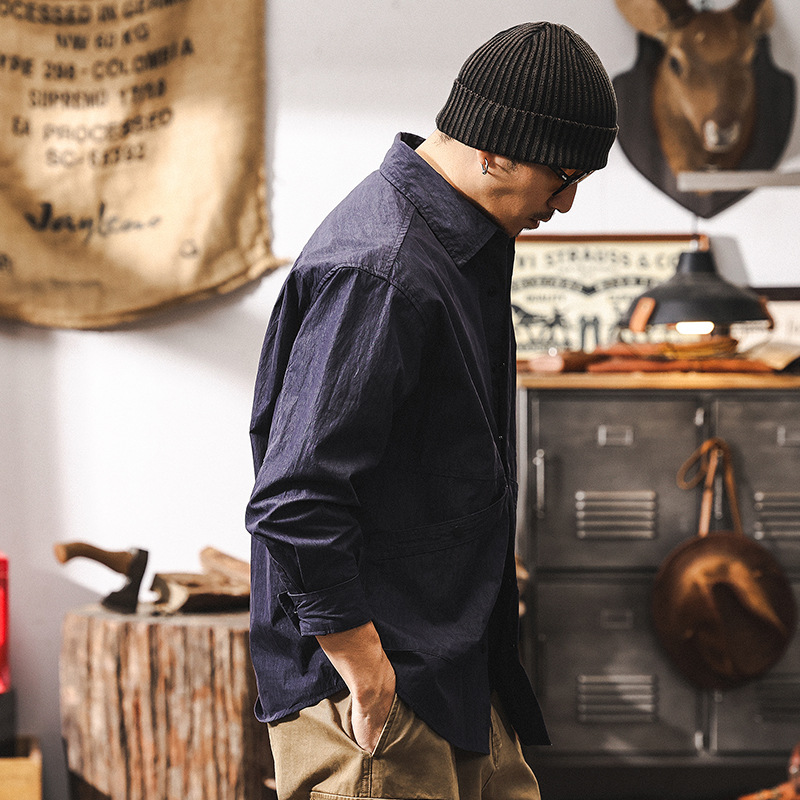 美式山系戶外棉錦工裝襯衫男薄款秋季外套潮牌寬鬆休閒長袖襯衣男