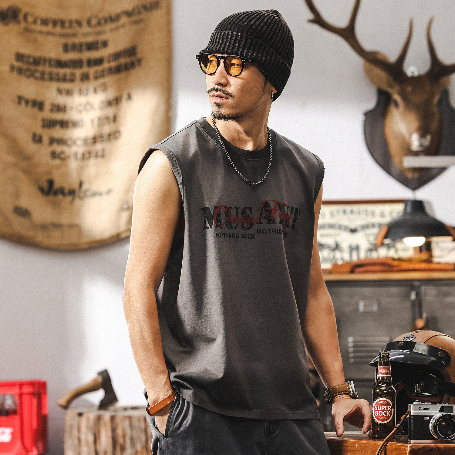 美式復古重磅T恤男2025新款夏季運動健身寬鬆無袖坎肩背心男