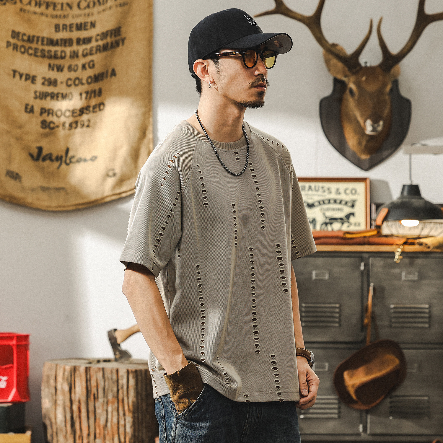 美式復古夏季潮牌破洞設計感短袖男款2025新款寬鬆大碼半袖T恤男