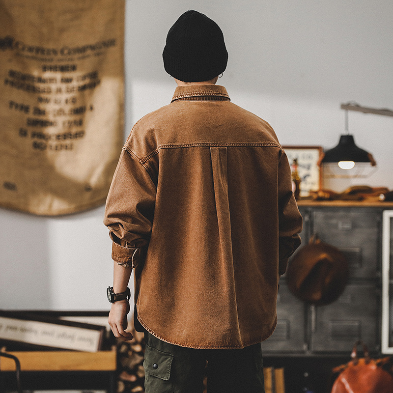 美式重磅長袖襯衫男寬鬆潮牌痞帥硬漢工裝夾克復古春季牛仔外套男