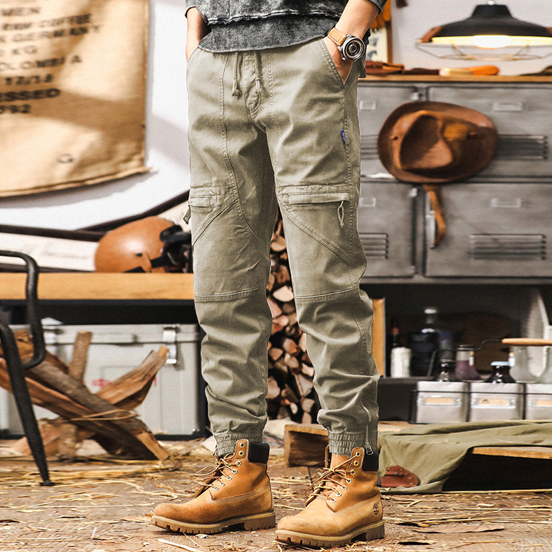 美式復古軍綠色工裝褲男秋季潮牌重磅束腳休閒褲男士寬鬆運動長褲