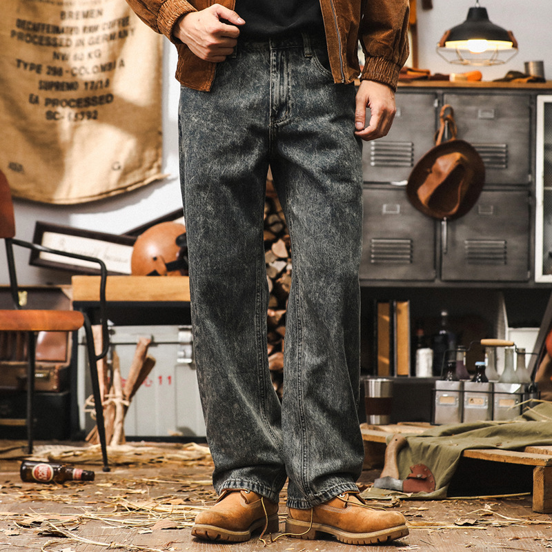 美式重磅雪花水洗復古牛仔褲男秋季休閒褲子男寬鬆潮牌闊腿直筒褲