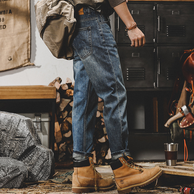 美式復古冬季牛仔褲男寬鬆直筒潮牌加絨加厚褲子男秋冬石磨休閒褲