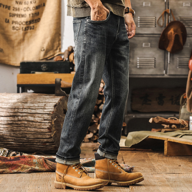 美式重磅經典牛仔褲男直筒修身大碼褲子男秋季復古水洗休閒長褲男