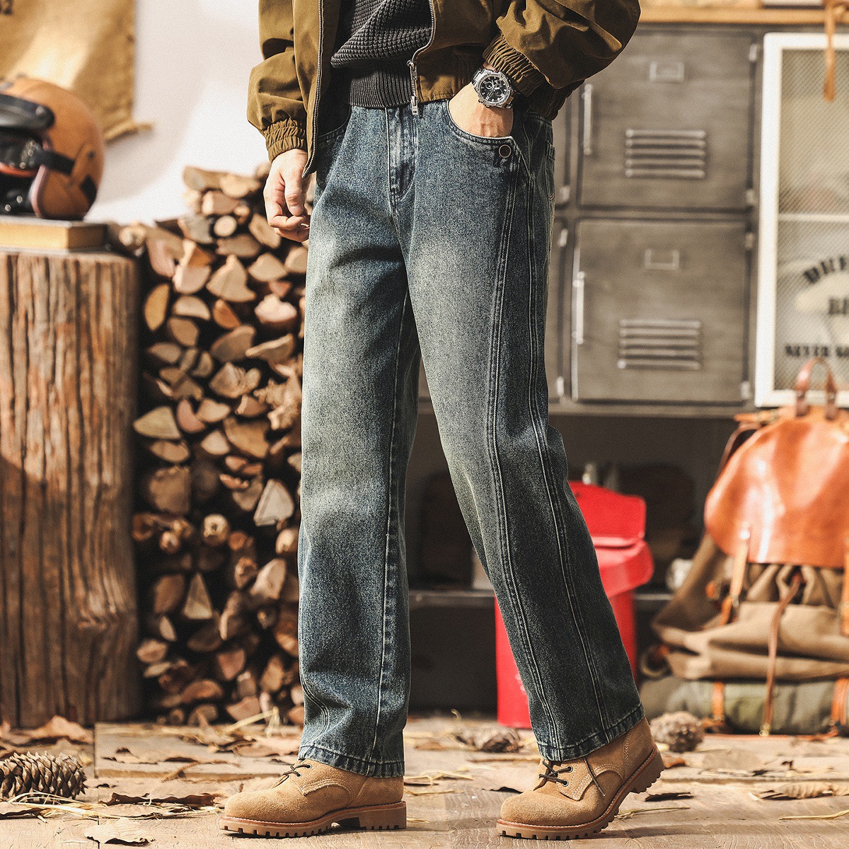 美式復古水洗牛仔褲男秋季潮牌vibe工裝褲子男寬鬆直筒男士休閒褲