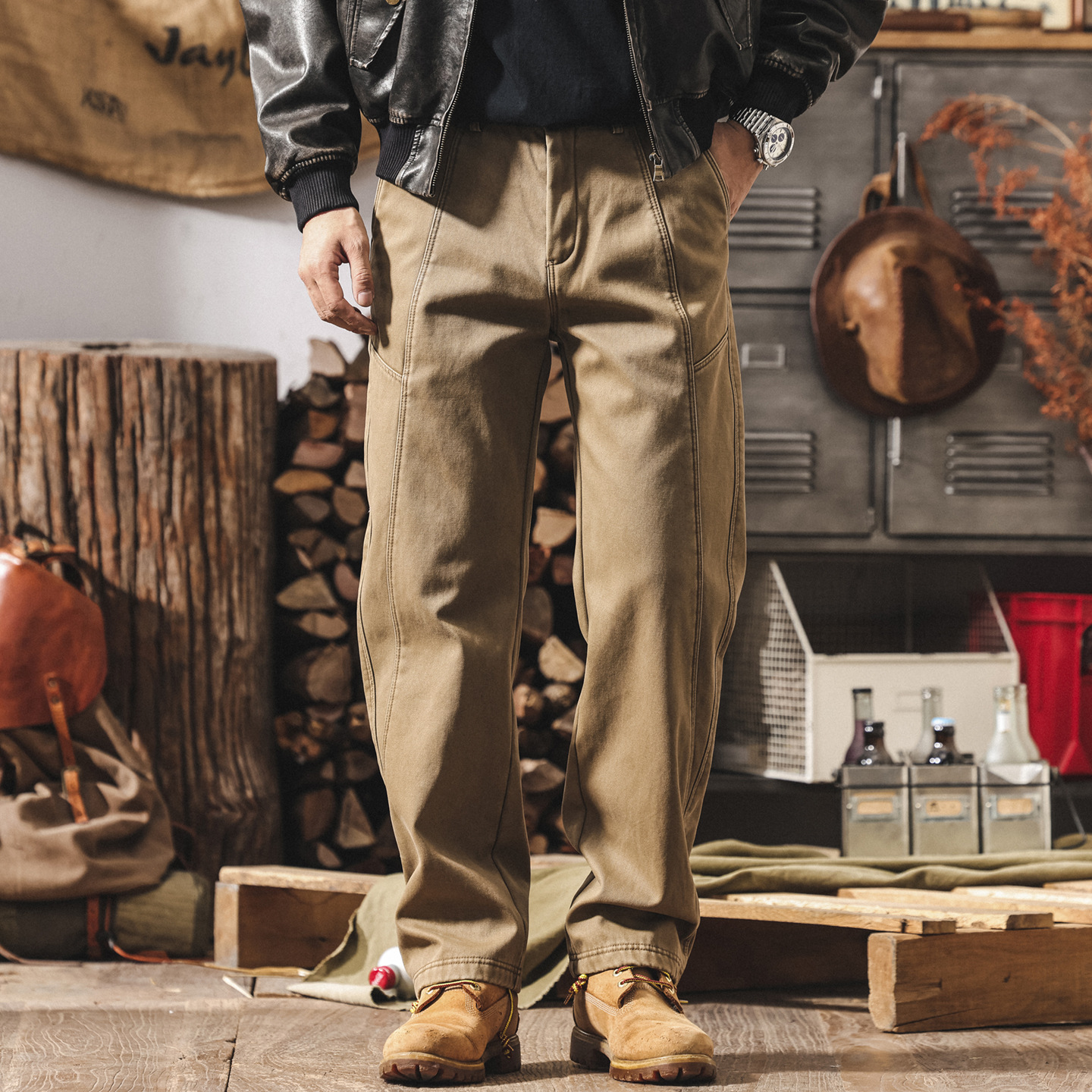 美式復古加絨工裝褲子男士新款冬季加厚潮牌水洗寬鬆直筒休閒長褲