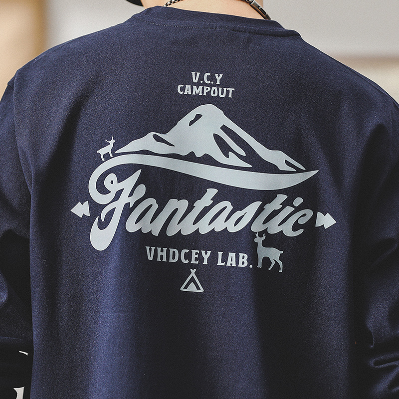 美式260g重磅長袖T恤男士2024新款戶外山系印花衣服男士上衣