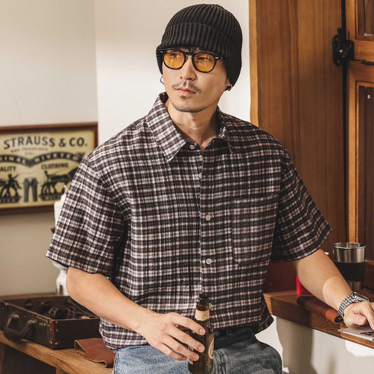 美式復古萊賽爾格子襯衫男短袖夏季薄款潮牌男裝寬鬆半袖男士襯衣