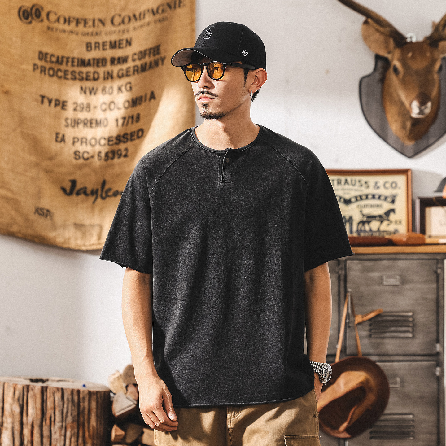 美式復古亨利領POLO衫男短袖2025夏季新款硬漢痞帥雪花水洗T恤男