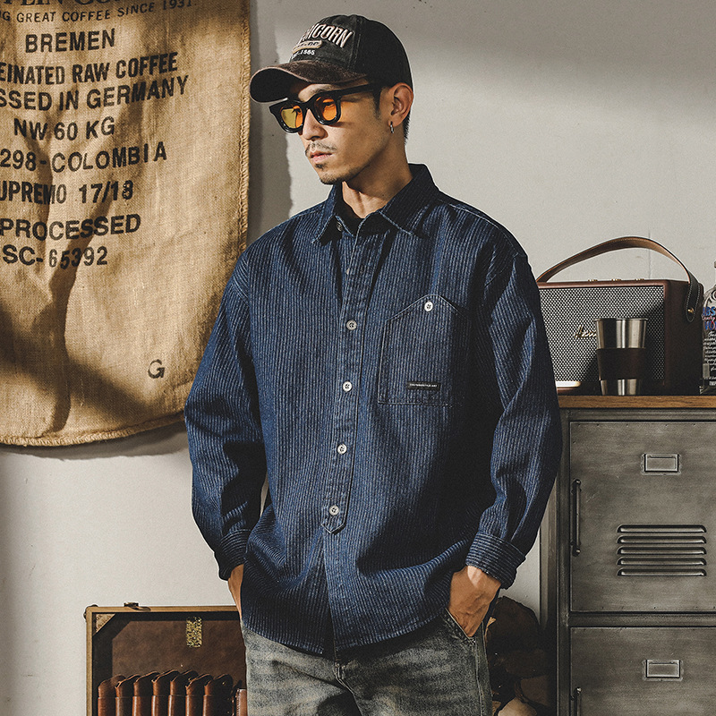 杰雷諾320g重磅條紋工裝襯衫男長袖春秋厚款美式休閒寬鬆古著襯衣