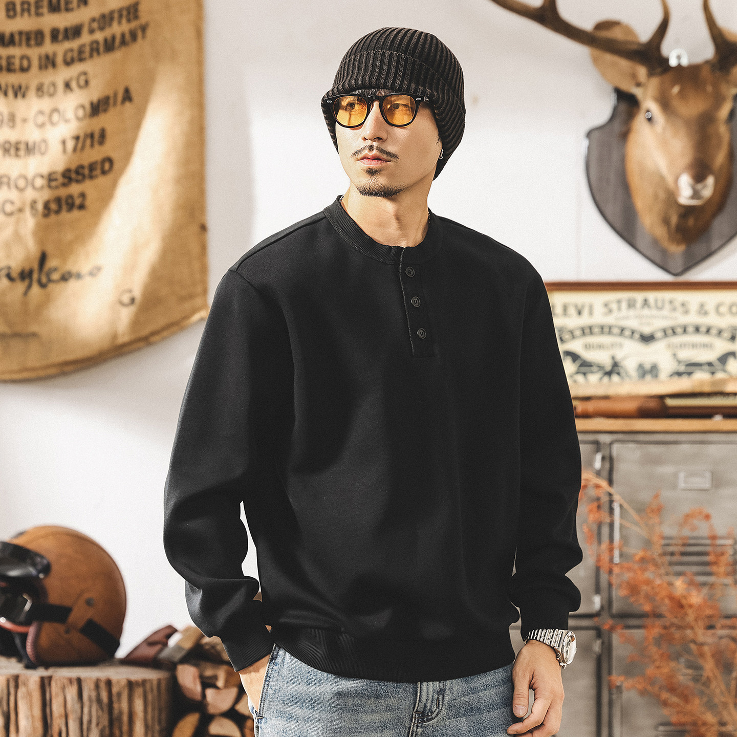 美式復古亨利領衛衣男2026新款春季300g重磅寬鬆休閒男士長袖上衣