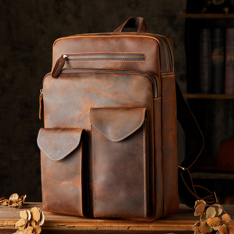 原創手工瘋馬皮男士雙肩包真皮旅行背包復古頭層牛皮休閒書包男包