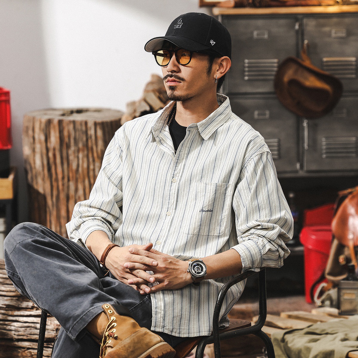 美式復古經典條紋襯衫男長袖2025秋季新款日系文藝風休閒上衣襯衣