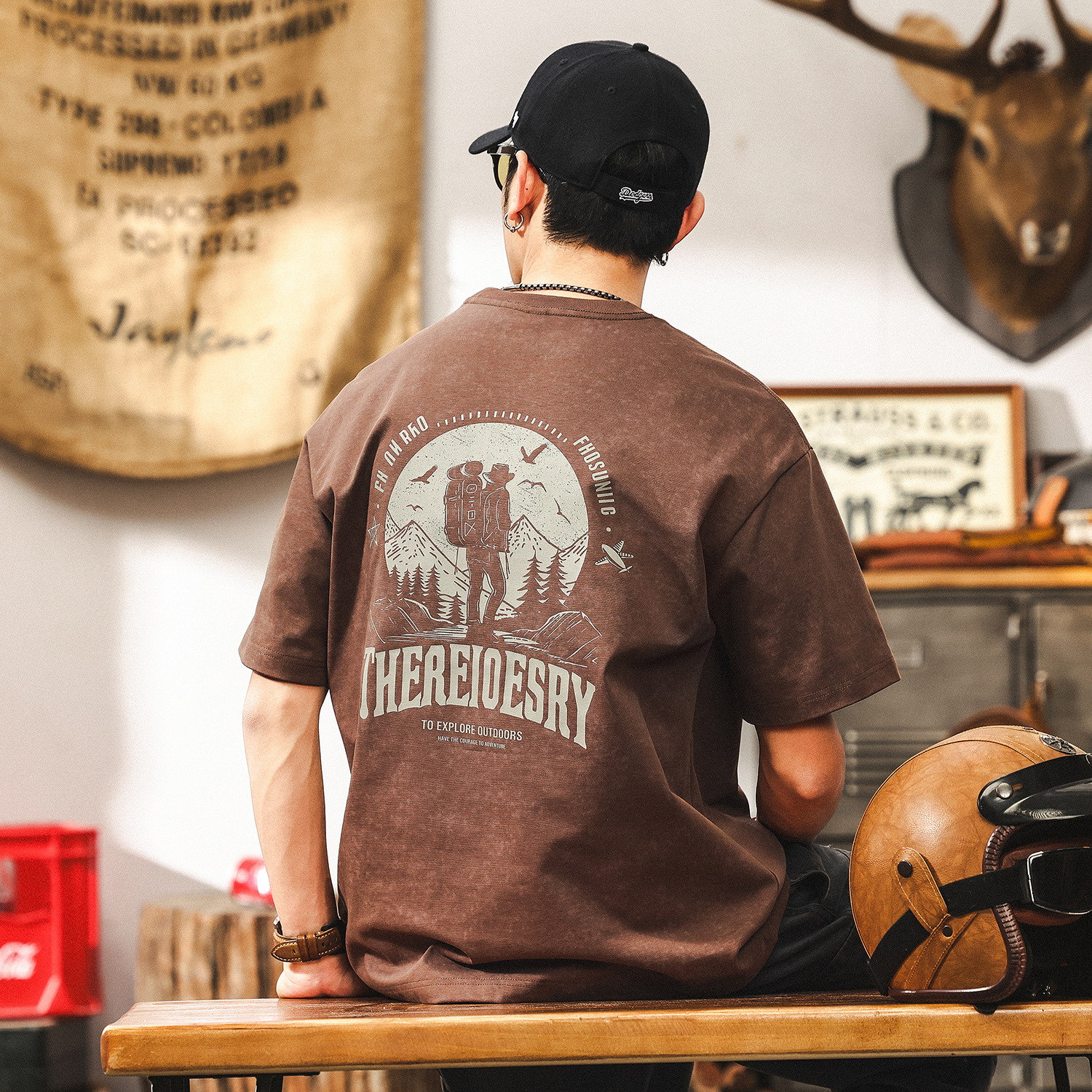 300g重磅蠟染水洗T恤男夏季短袖潮牌復古寬鬆戶外印花上衣男