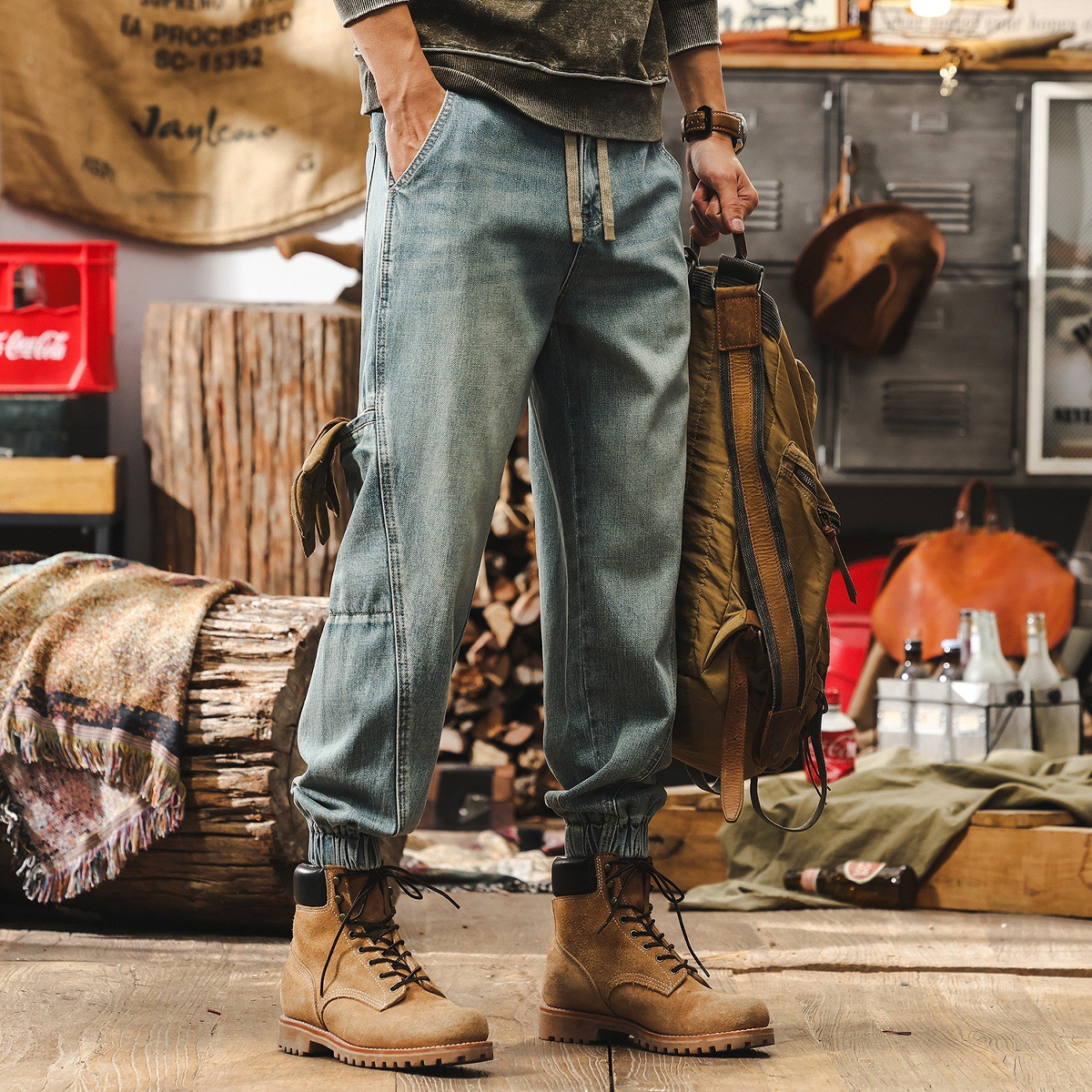 美式復古萊賽爾牛仔褲男2025年新款寬鬆束腳工裝褲男潮牌男士褲子