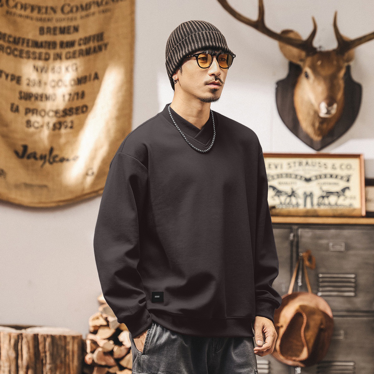 美式重磅復古極簡V領衛衣男春秋潮牌2025新款內搭寬鬆休閒上衣男