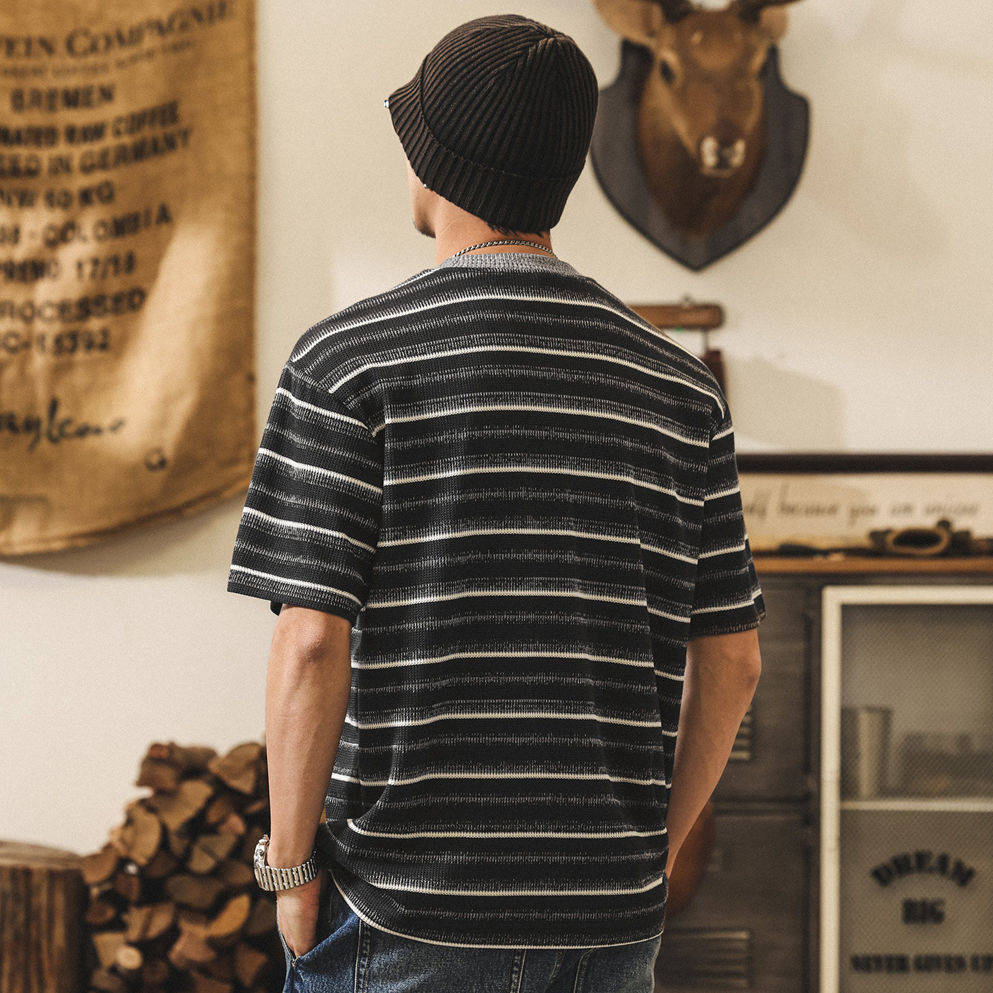 美式復古條紋針織短袖男款T恤夏季潮流新款老錢風寬鬆休閒上衣男