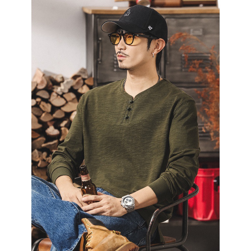 中式古風復古竹節棉t恤男長袖春秋新款潮牌寬鬆亨利領男士Polo衫