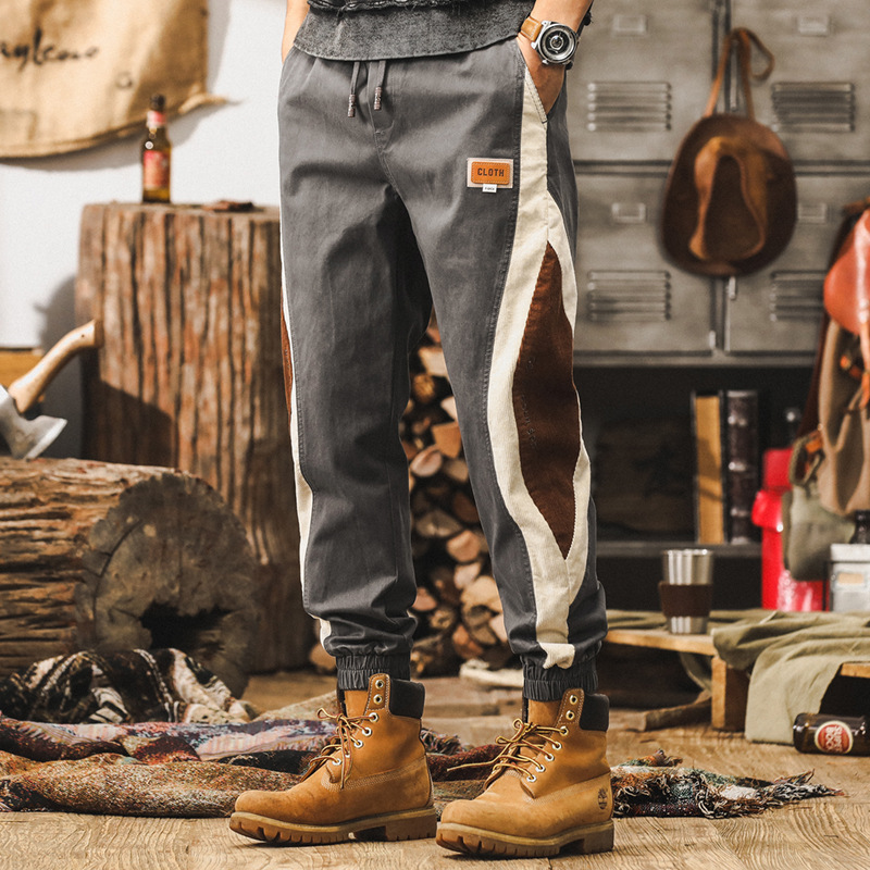 美式復古工裝褲子男秋季新款潮牌撞色潮流設計拼接寬鬆束腳休閒褲