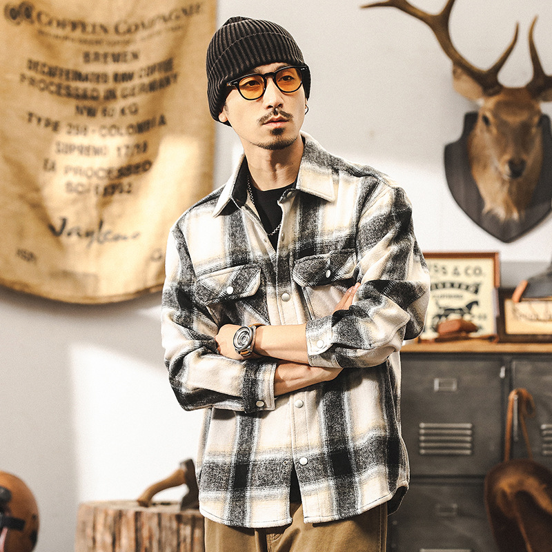 美式復古600g重磅加厚格子襯衫男長袖冬季潮牌寬鬆磨毛秋冬外套男