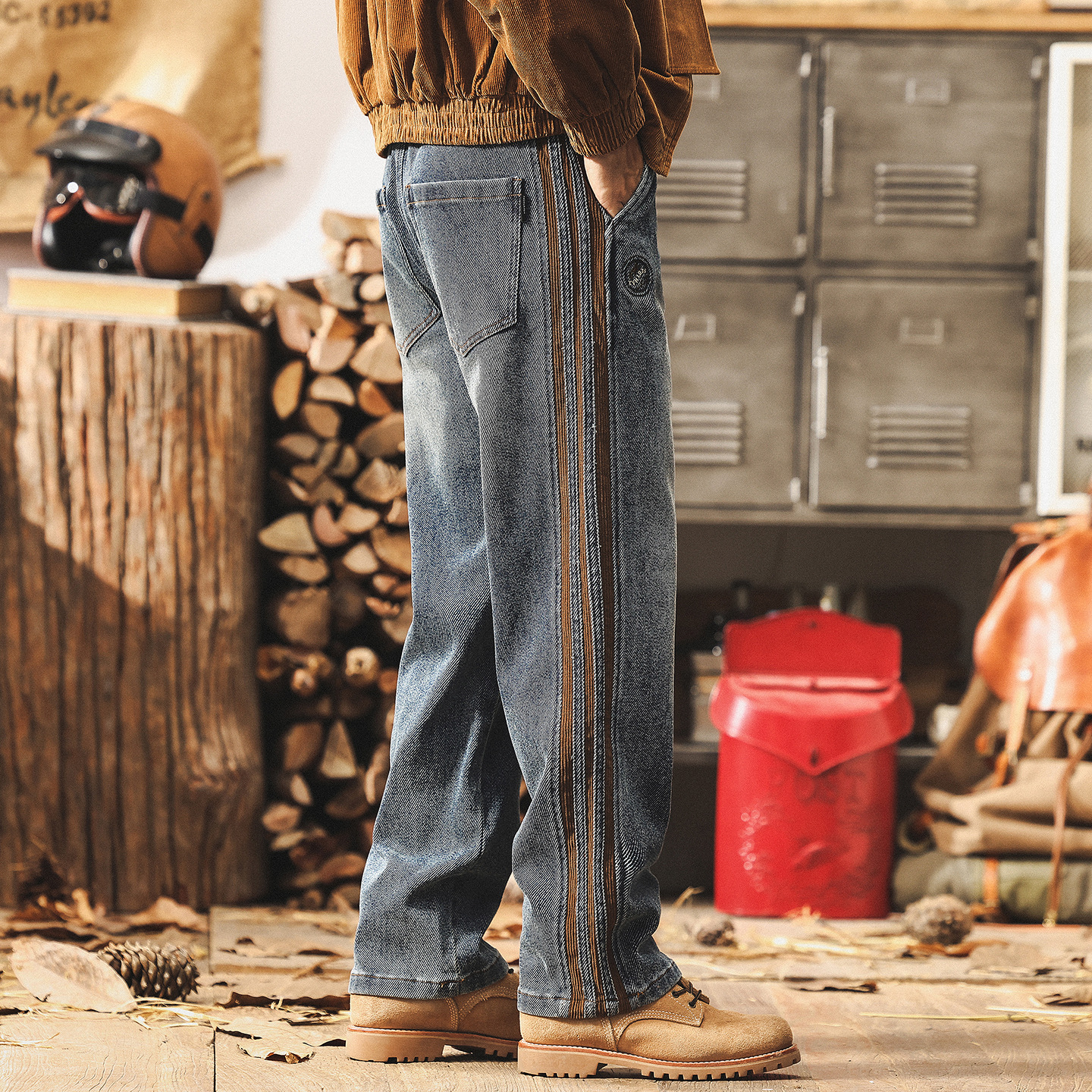 美式復古拼接三條槓牛仔褲男款秋季潮牌設計感寬鬆直筒男士休閒褲