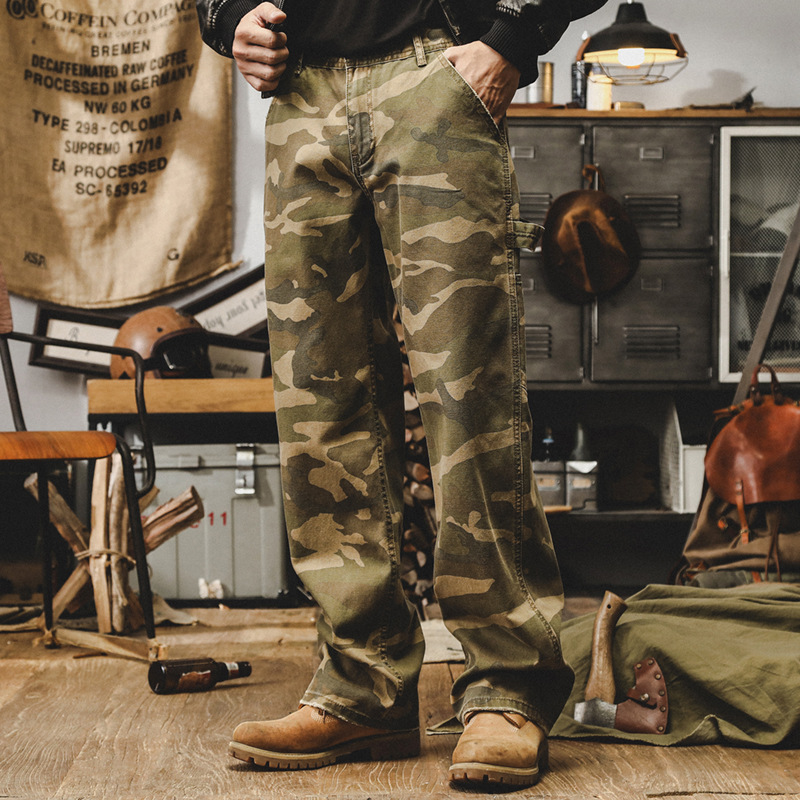 美式複古迷彩牛仔褲男秋季直筒痞帥潮流工裝褲子男戶外寬松休閑褲