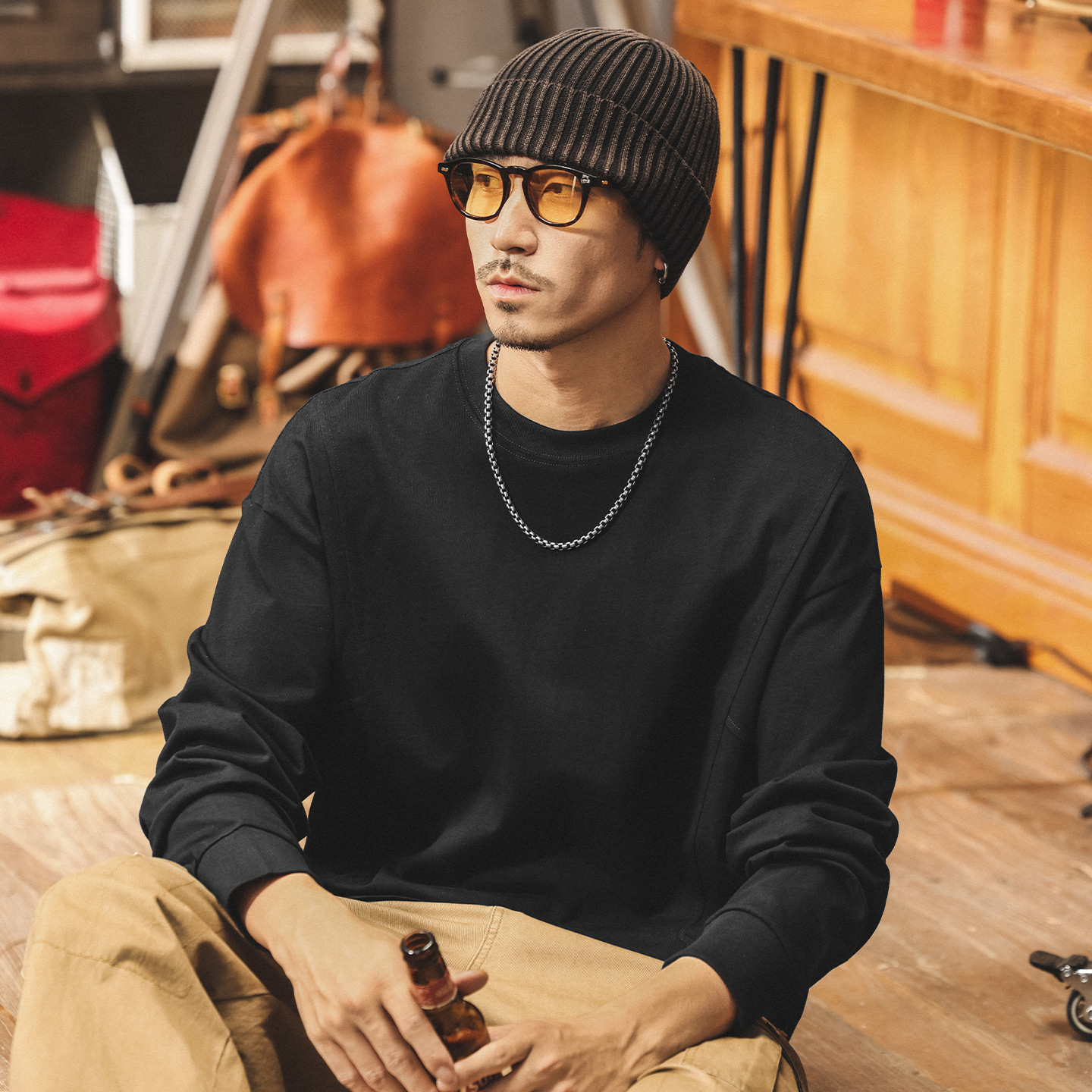 美式復古260g重磅長袖t恤男寬鬆秋季新款大碼男裝簡約基礎上衣男