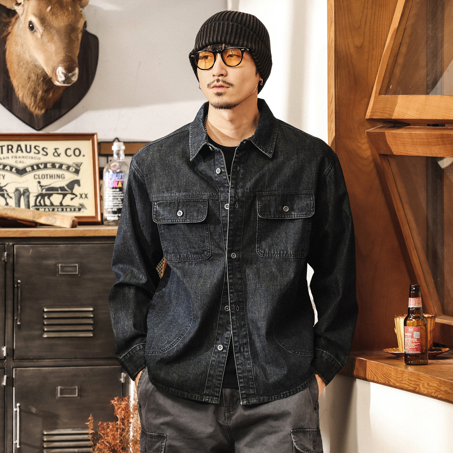 美式復古靛藍色牛仔襯衫男春秋新款保色水洗寬鬆長袖襯衣工裝外套