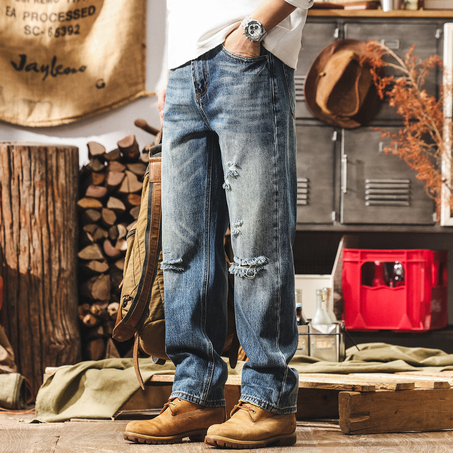 美式復古直筒牛仔褲男春季新款破洞潮牌男裝褲子男寬鬆水洗休閒褲