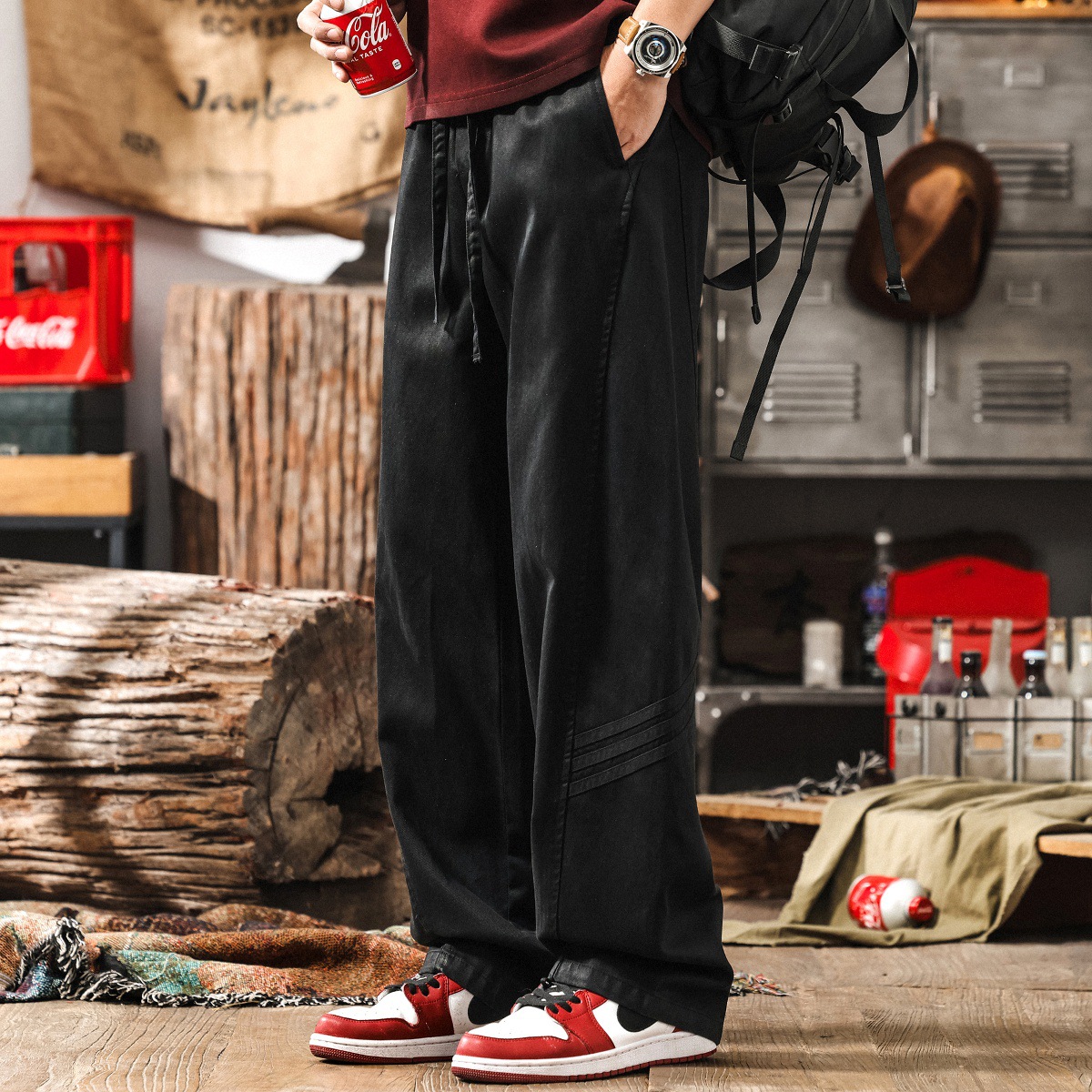 美式復古天絲萊賽爾薄款長褲子男夏季寬鬆直筒垂感黑色男士休閒褲