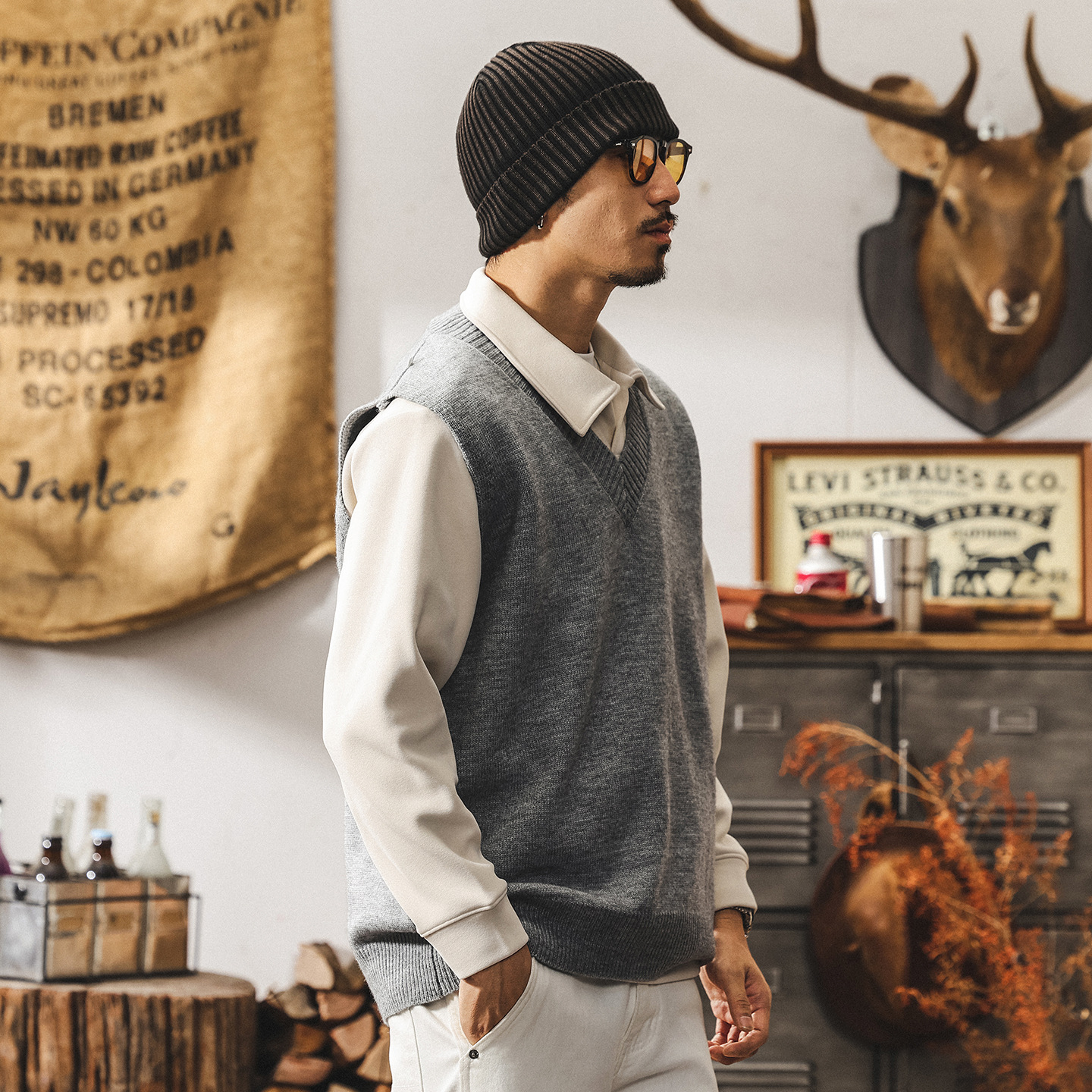 美式復古針織衫馬甲男冬季保暖無袖毛衣男士內搭打底寬鬆坎肩背心