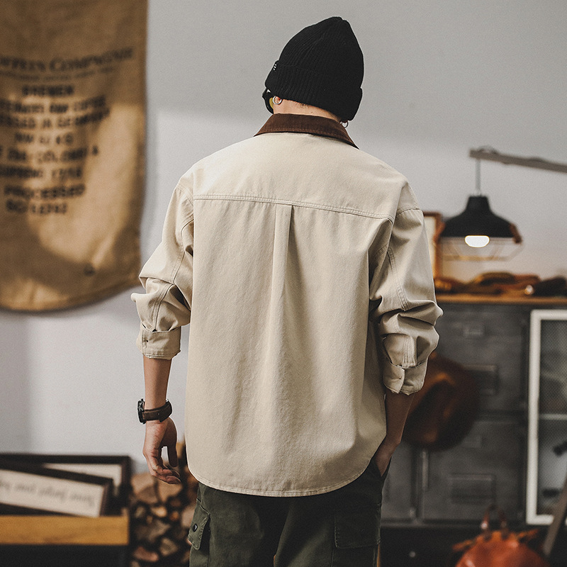 美式復古工裝襯衫男長袖寬鬆潮牌硬漢獵裝夾克男春季襯衣男士外套