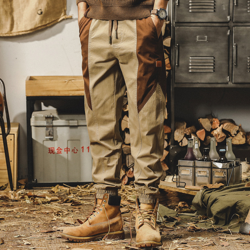 杰雷諾美式復古工裝褲子男秋冬款潮牌撞色寬鬆直筒男士束腳休閒褲