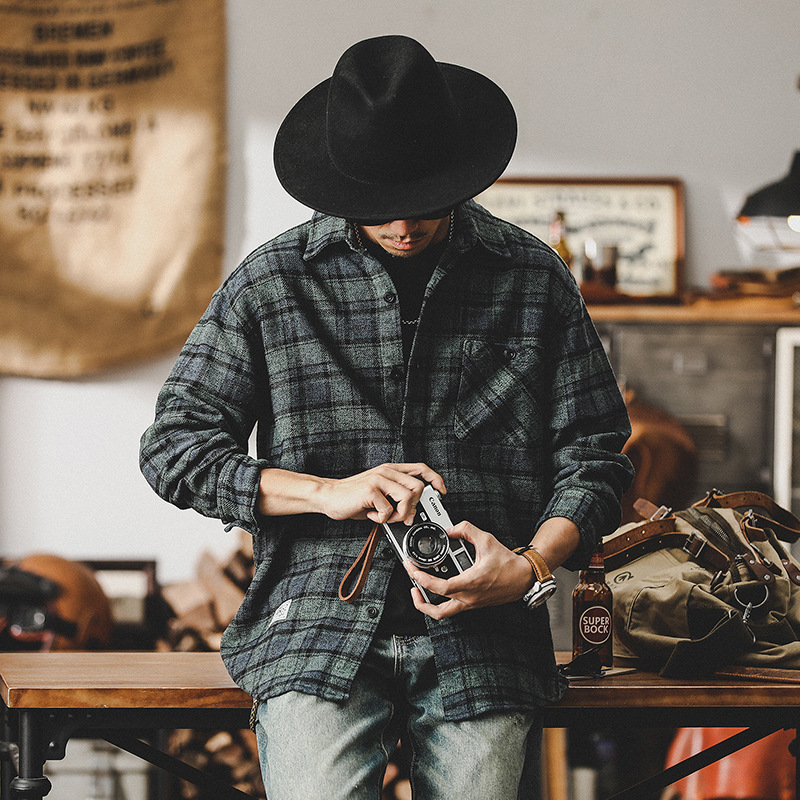 春季新款重磅色織格紋襯衫男長袖美式重磅復古2024新款春秋外套男