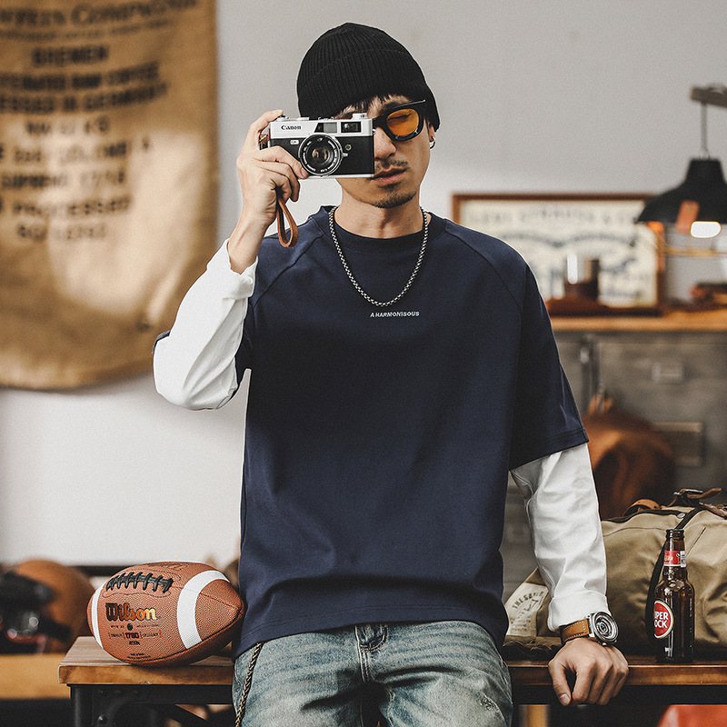 280g重磅T恤男長袖春季潮牌高級感痞帥假兩件設計款衣服男士上衣