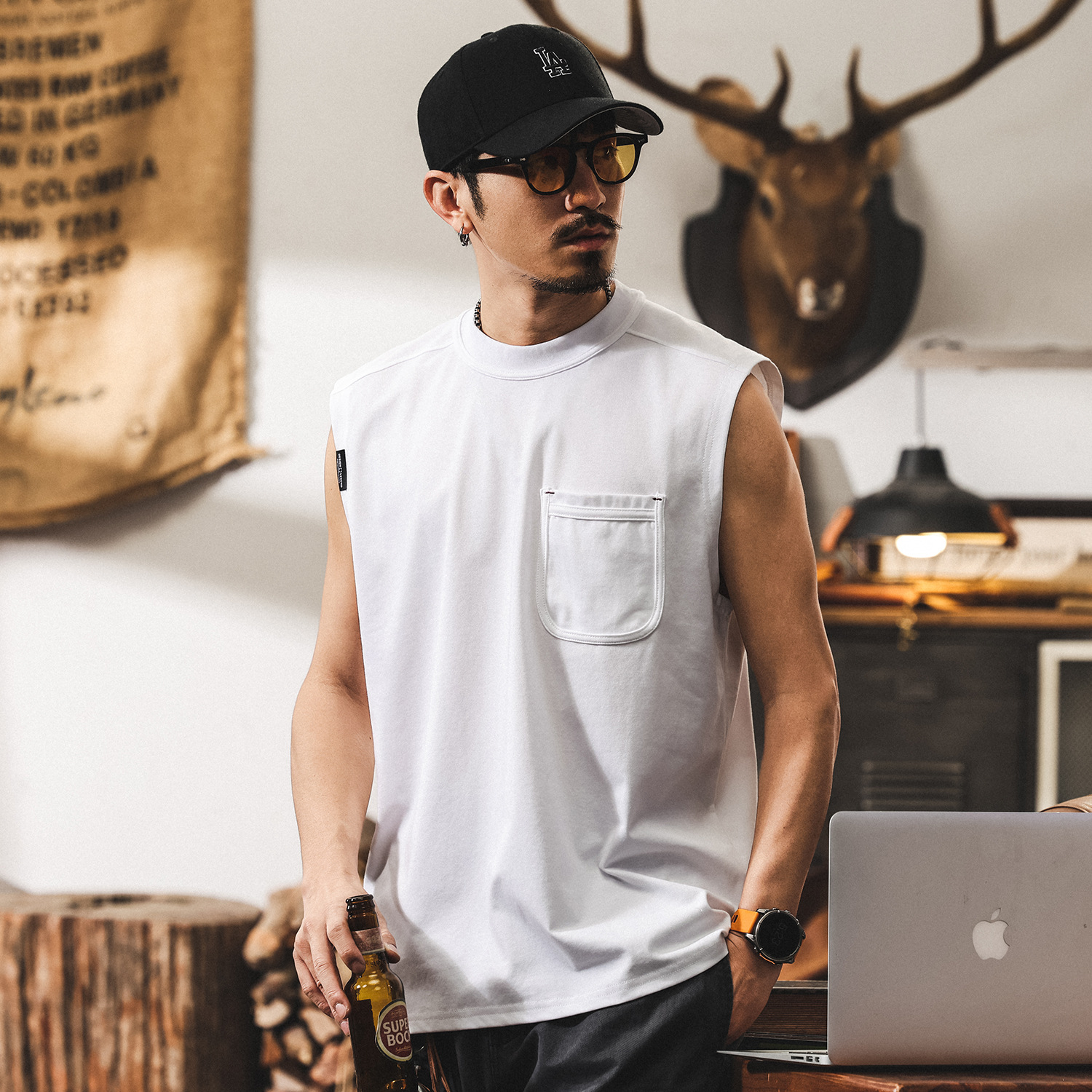 美式復古無袖T恤男夏季寬鬆透氣籃球坎肩上衣潮牌運動健身背心男