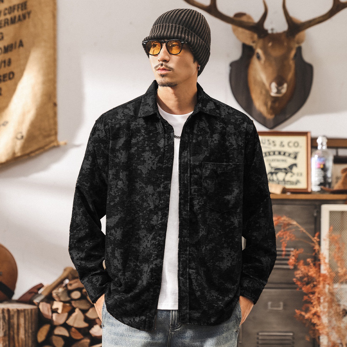 美式復古民族風提花襯衫男長袖春秋新款潮牌古着休閒襯衣寬鬆外套