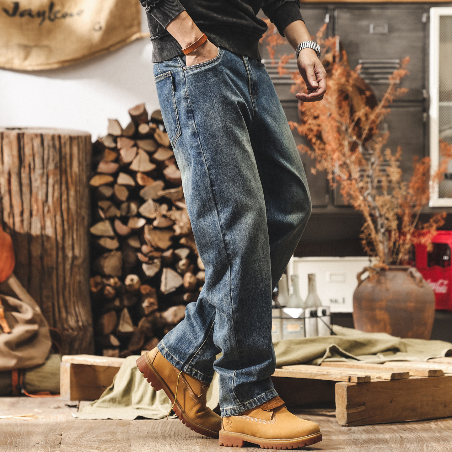 美式復古水洗加絨牛仔褲男冬季加厚男士褲子直筒潮牌寬鬆休閒褲男